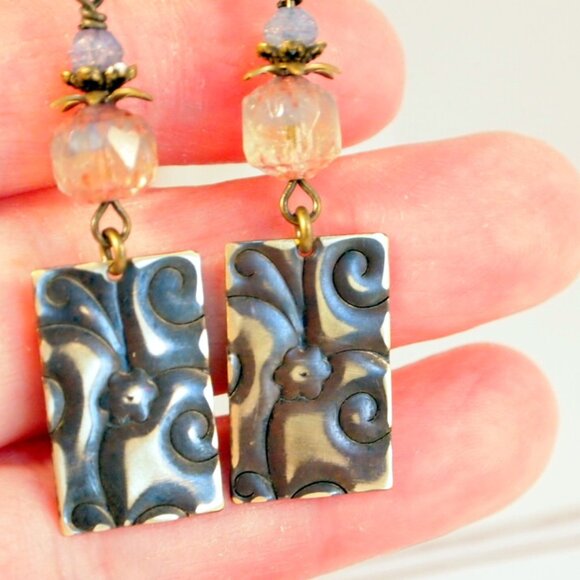 Brass Hand Embossed Earrings Czech Glass Earrings Hand Patina Brass Earrings - Picture 7 of 11